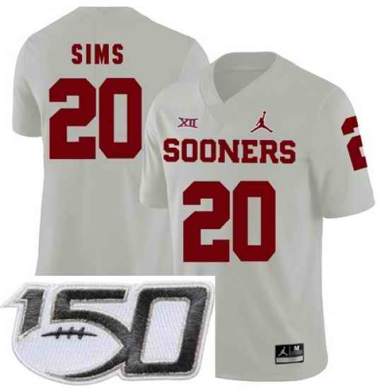 Oklahoma Sooners 20 Billy Sims White College Football Stitched 150th Anniversary Patch Jersey